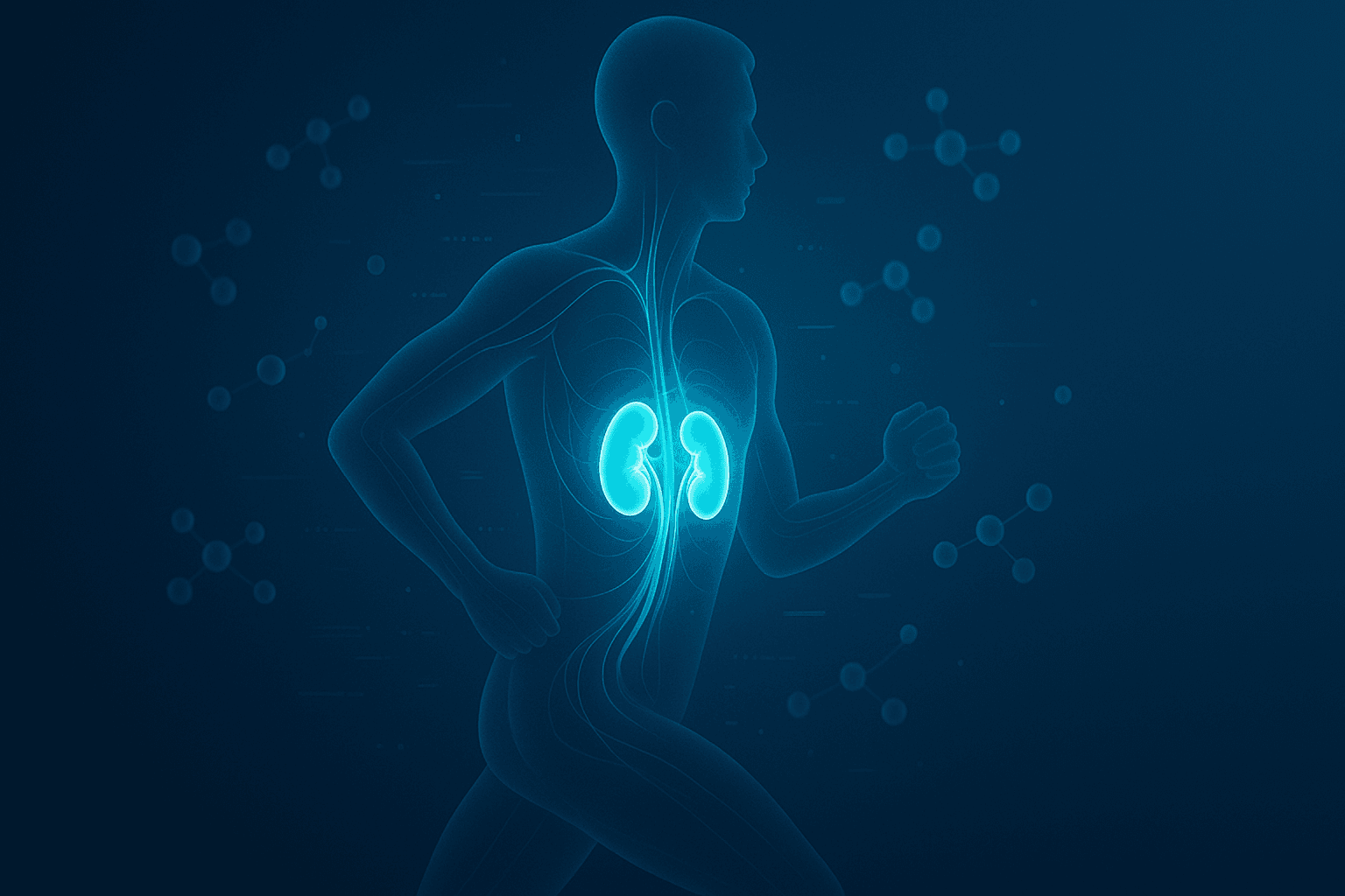 Futuristic human silhouette running with glowing kidneys and molecular betaine signals, blue indigo scientific style