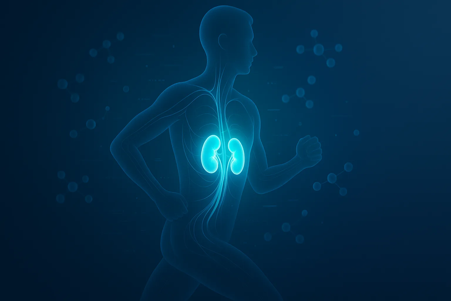 Futuristic human silhouette running with glowing kidneys and molecular betaine signals, blue indigo scientific style