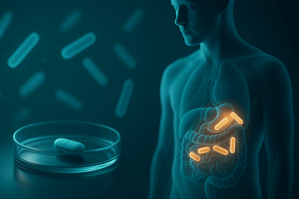 Cinematic clinical-style visualization showing a human torso with semi-transparent organs and glowing gut bacteria activated by a low-dose antibiotic, alongside a petri dish containing a single tablet against a teal microbiome backdrop.
