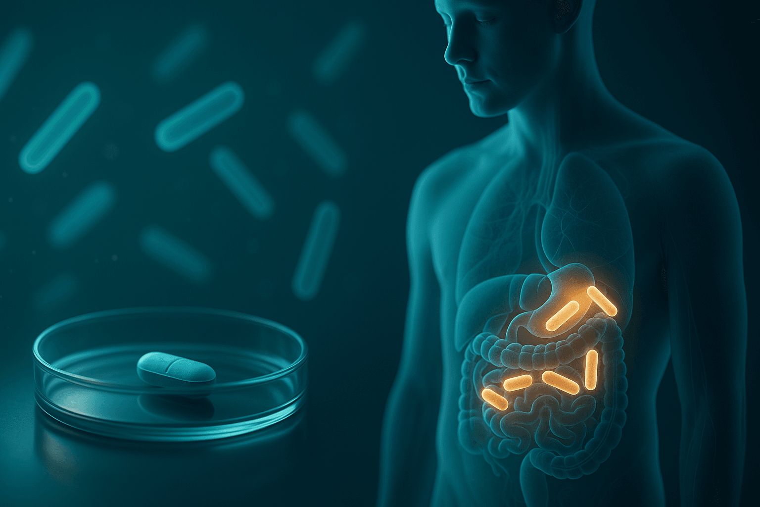 Cinematic clinical-style visualization showing a human torso with semi-transparent organs and glowing gut bacteria activated by a low-dose antibiotic, alongside a petri dish containing a single tablet against a teal microbiome backdrop.
