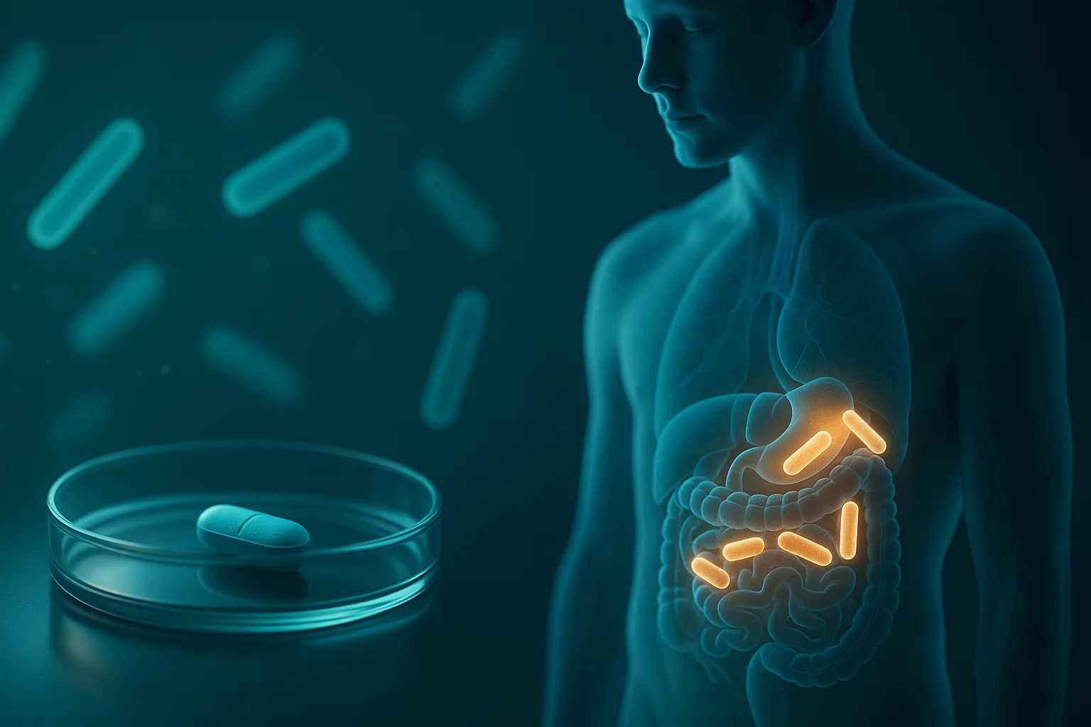 Cinematic clinical-style visualization showing a human torso with semi-transparent organs and glowing gut bacteria activated by a low-dose antibiotic, alongside a petri dish containing a single tablet against a teal microbiome backdrop.