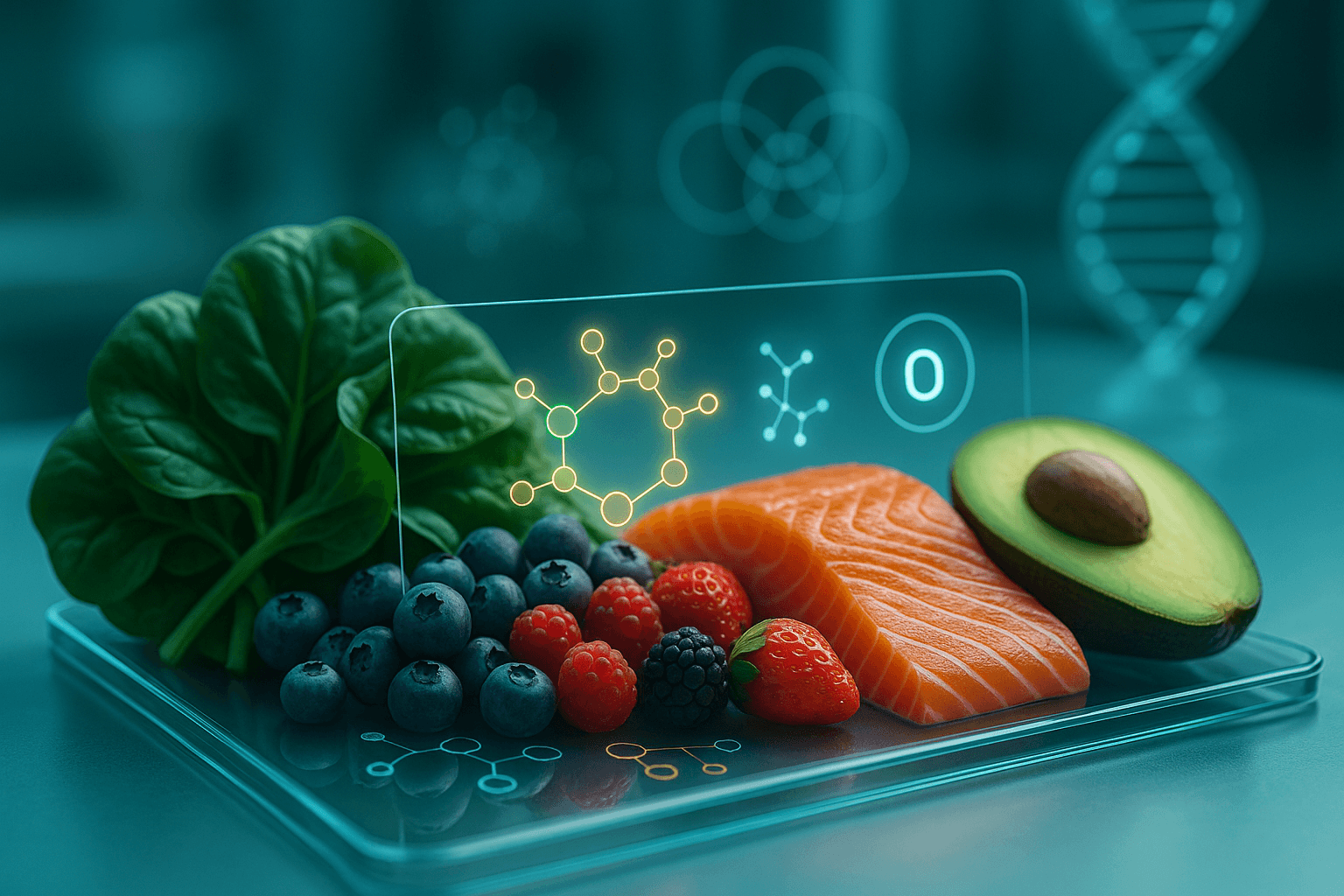 Ultra-realistic futuristic lab scene featuring fresh whole foods—salmon, avocado, berries, and spinach—arranged on a transparent glass plate with glowing molecular diagrams and a DNA helix in the background, representing nutrigenomics and the interaction between diet and genetics.