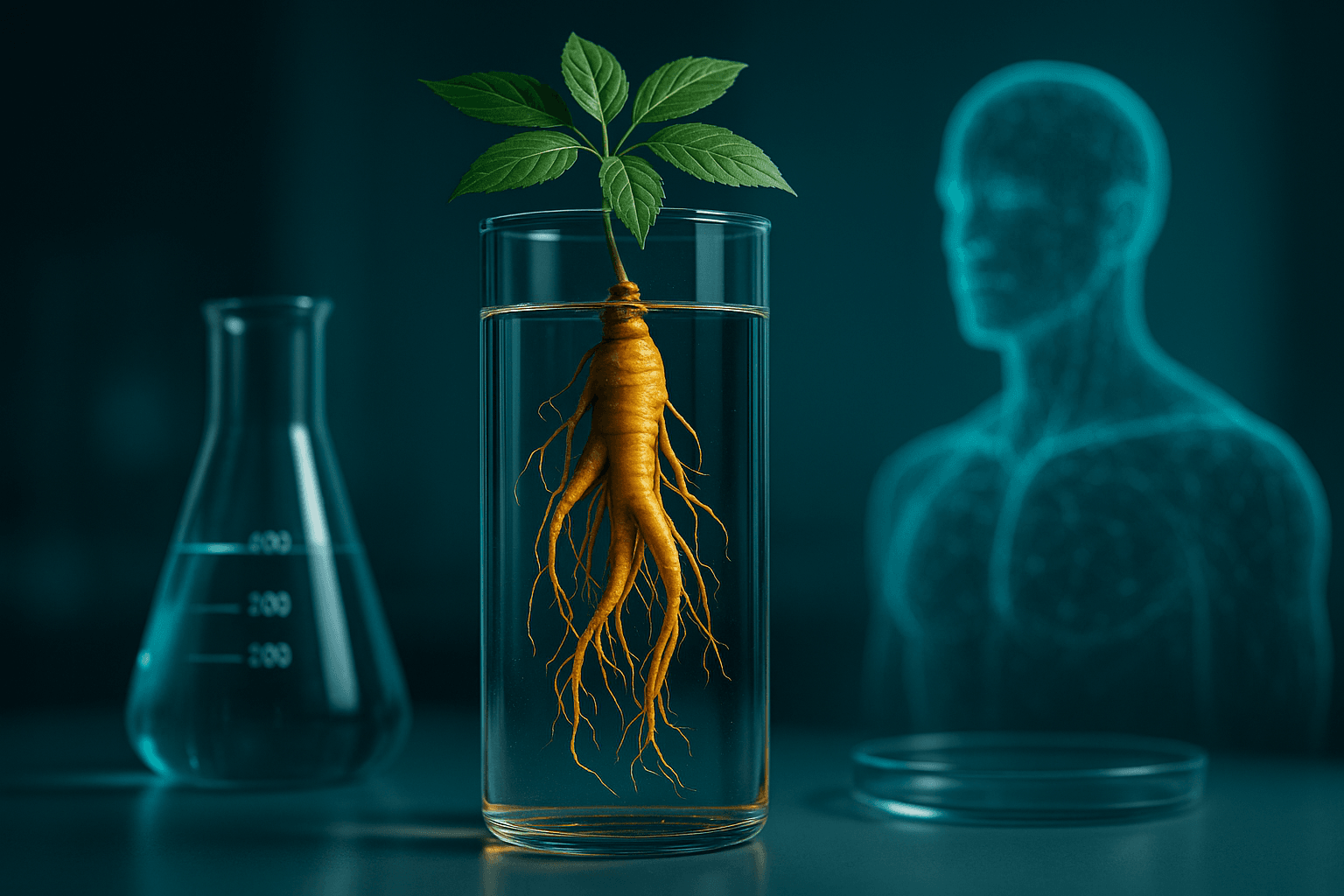 Ultra-realistic cinematic photo of Panax ginseng suspended in a glass vessel inside a modern clinical lab, with teal futuristic lighting and subtle human biome hologram in the background.