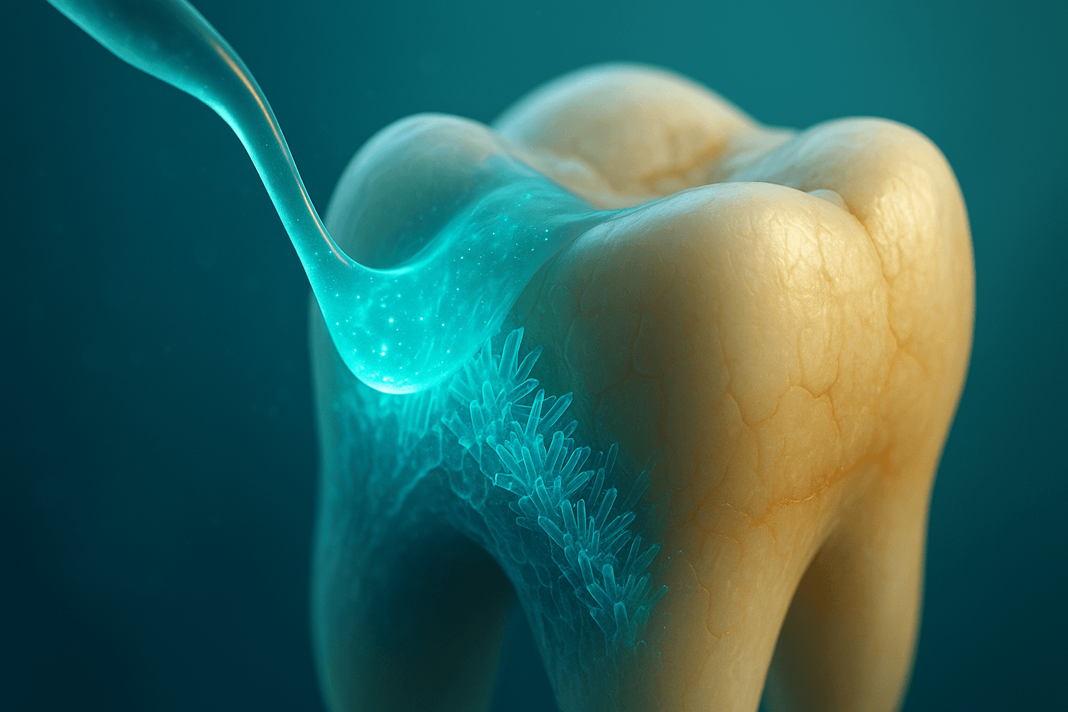 Close-up 3D render of a human tooth being coated with a glowing bioinspired gel that promotes enamel regeneration, illustrating futuristic self-healing dental technology in teal and amber tones.